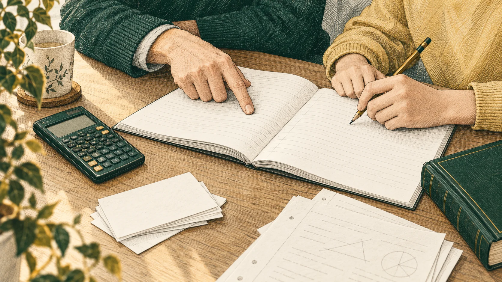 Illustration of a parent and student reviewing schoolwork.