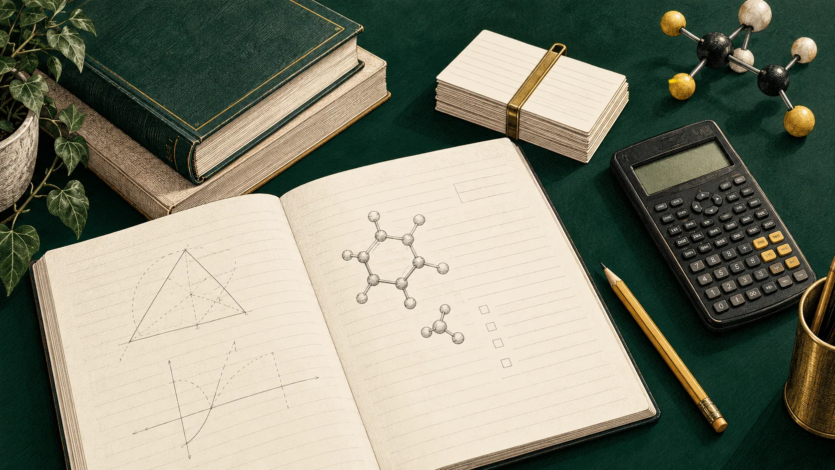 Illustration of revision materials on a study desk.